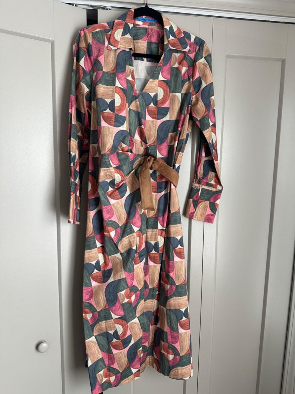 Long Sleeve Geometric Midi Wrap Dress in Pink, Green & Tan